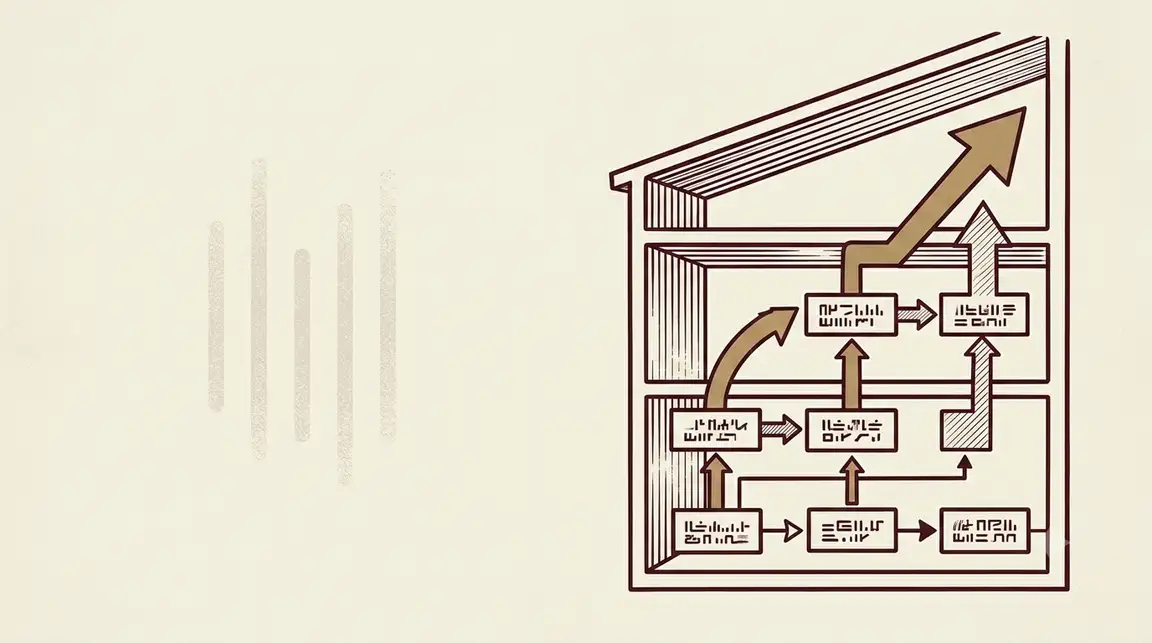 Ilustración de un edificio en corte transversal convertido en diagrama de flujos